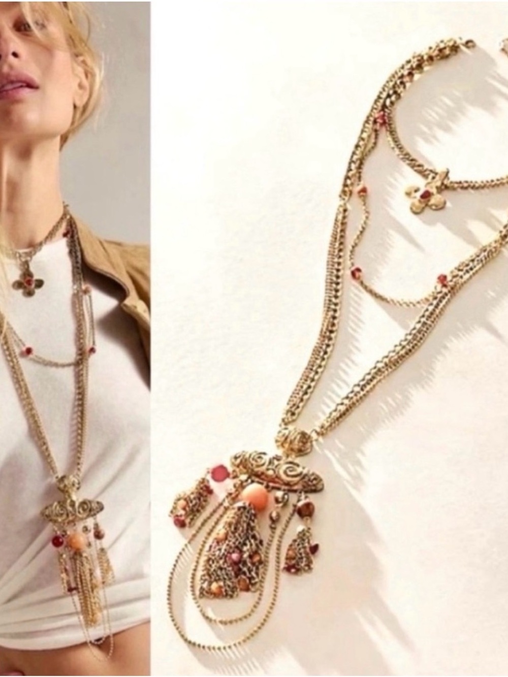 Free People Gold Layered Pendant Necklace with Coral and Peach Accents